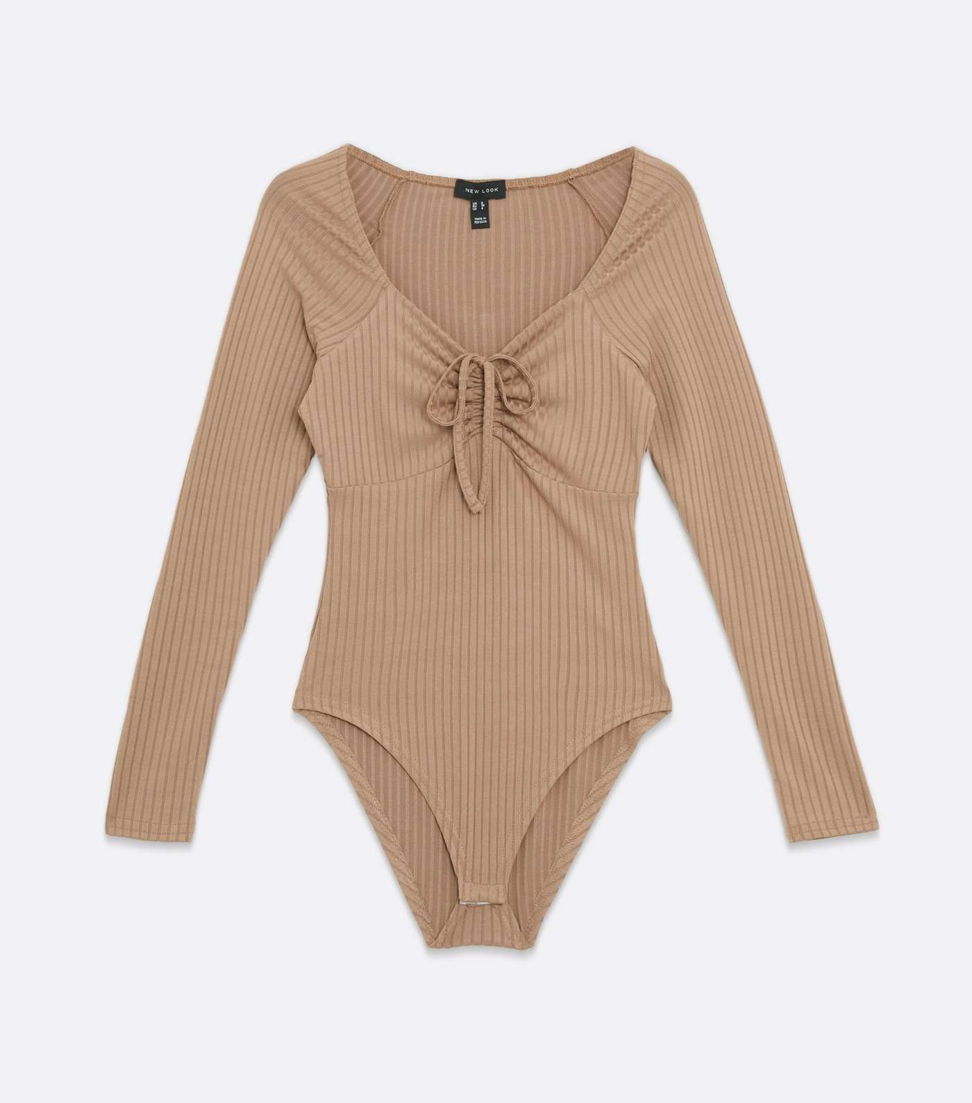 Camel Ribbed Tie Front Long Sleeve Bodysuit Image 5