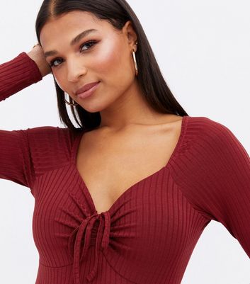 Burgundy Ribbed Tie Front Long Sleeve 