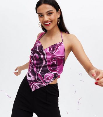 Pink Swirl Satin Hanky Hem Halter Cami New Look