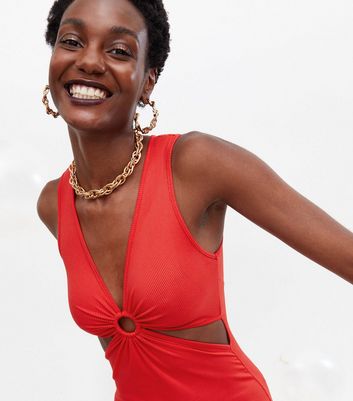 Red Ribbed Ring Cut Out Side Midi Dress 