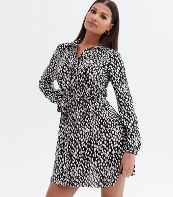 Black Animal Print Tie Waist Mini Shirt Dress New Look