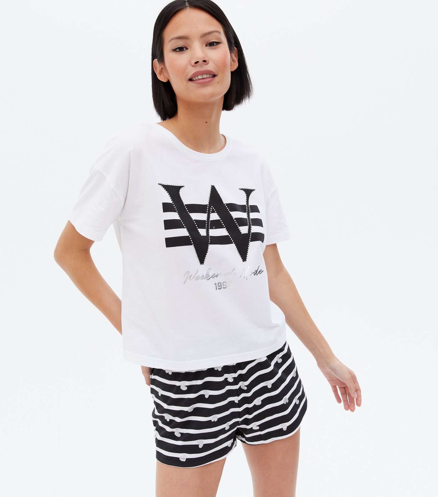 White Short Pyjama Set with Metallic Stripe Logo