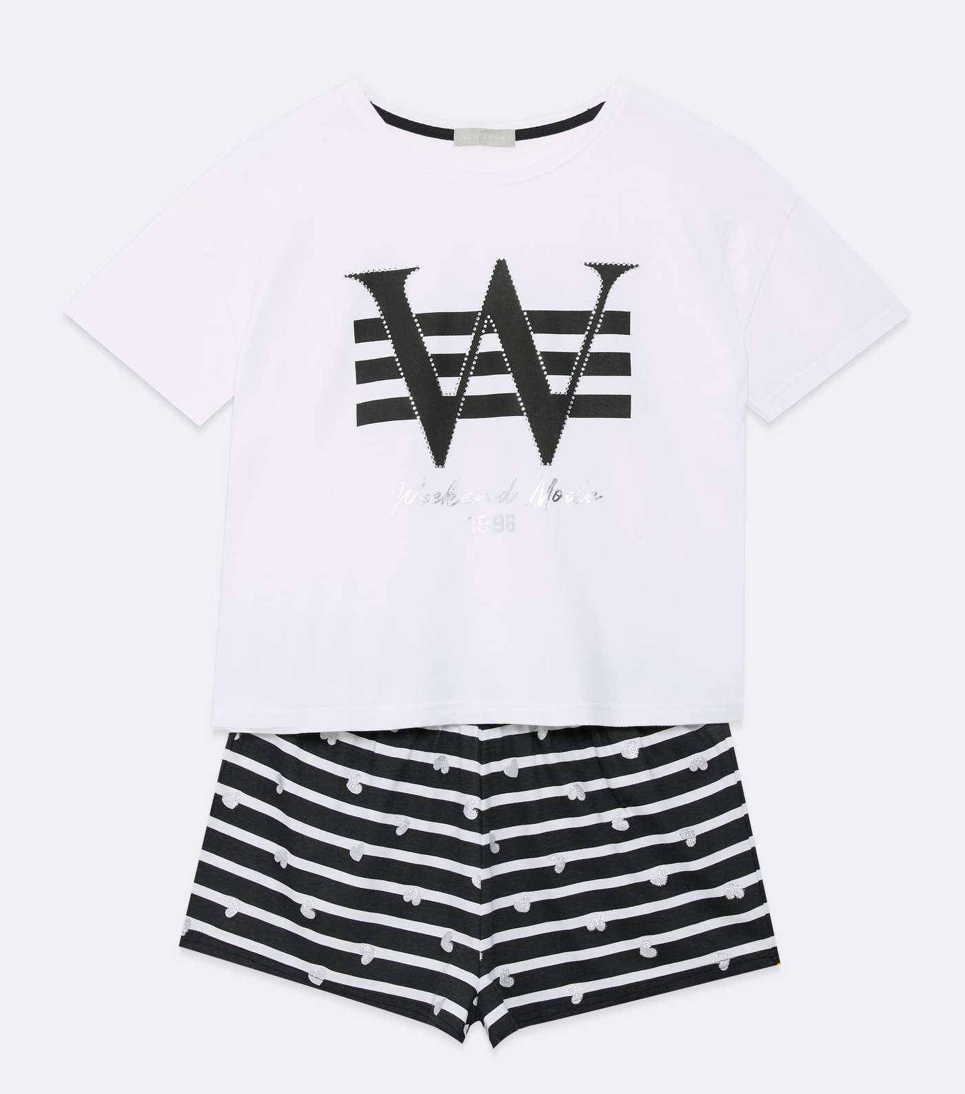 White Short Pyjama Set with Metallic Stripe Logo Image 5