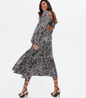 Black Animal Print Satin Tie Back Midi Dress