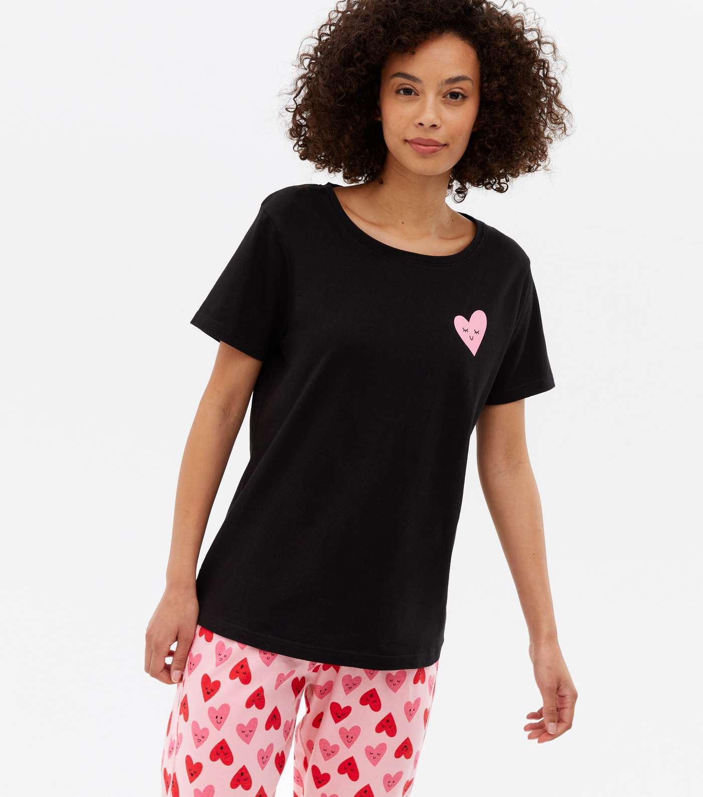 Tall Black T-Shirt and Jogger Pyjama Set with Heart Print Image 3