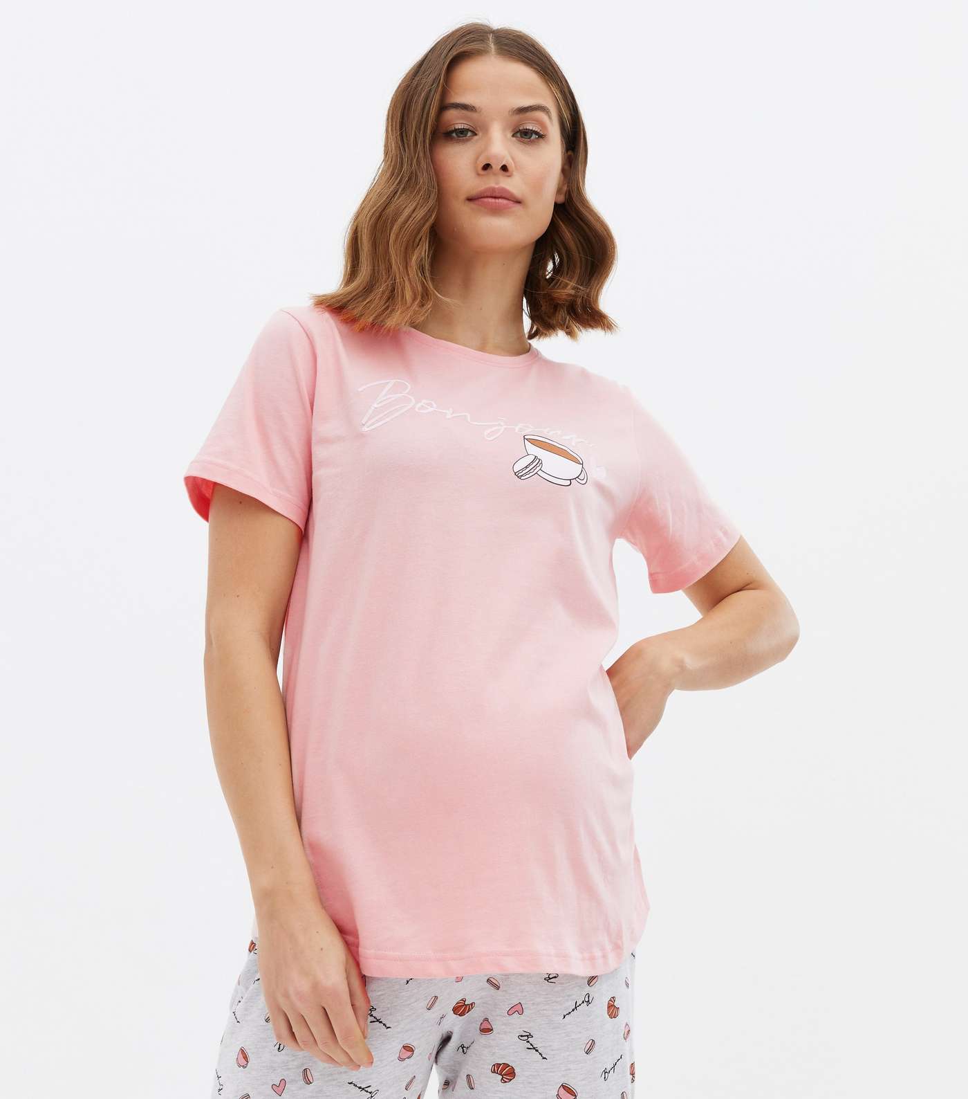 Maternity Pink Jogger Pyjama Set with Bonjour Logo Image 2