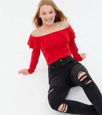Girls Red Scuba Frill Bardot Long 