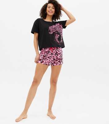 Tall Black Short Pyjama Set with Leopard Logo Print