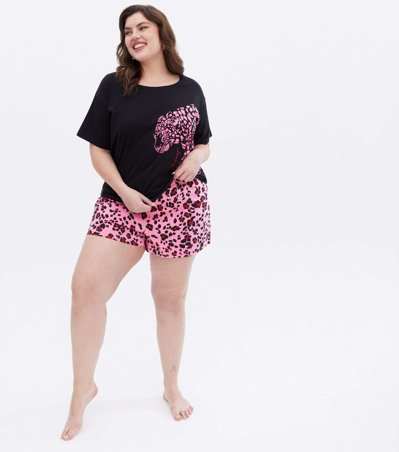 Curves Black Short Pyjama Set with Leopard Logo Print Image 2