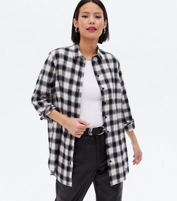 Black Check Button Up Long Shirt New Look