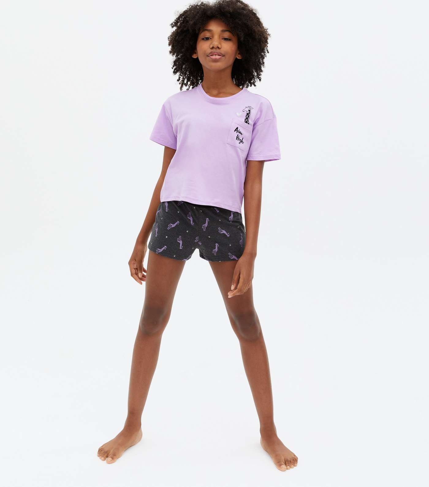 Girls Lilac Short Pyjama Set with Giraffe Print Logo Image 2
