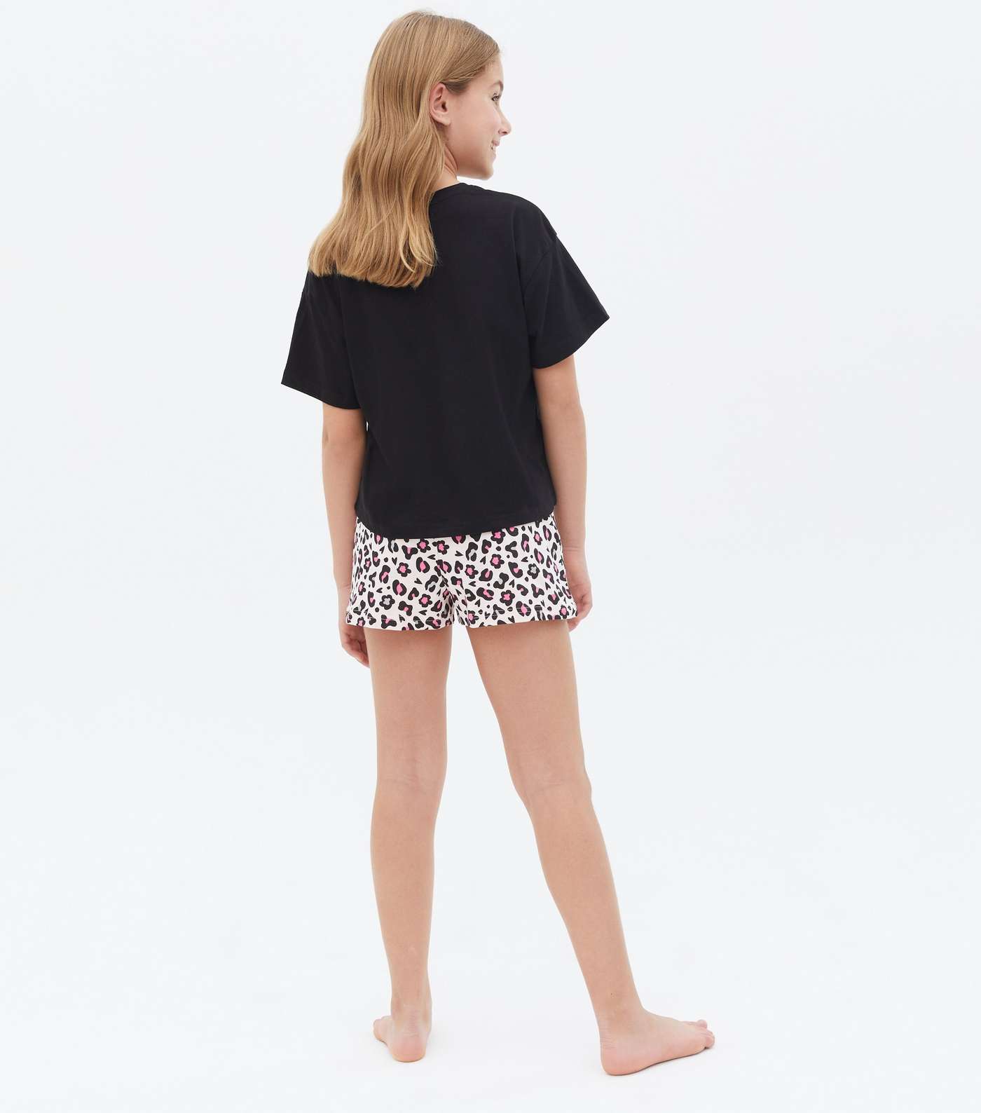 Girls Black Short Pyjama Set with Leopard Print Heart Logo Image 4