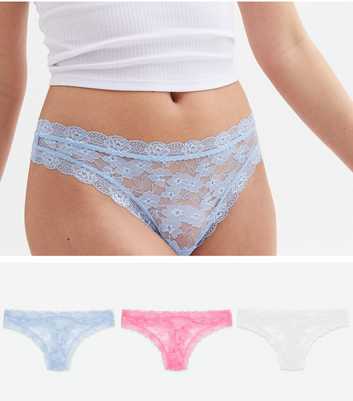 3 Pack Pink White and Pale Blue Floral Lace Thongs