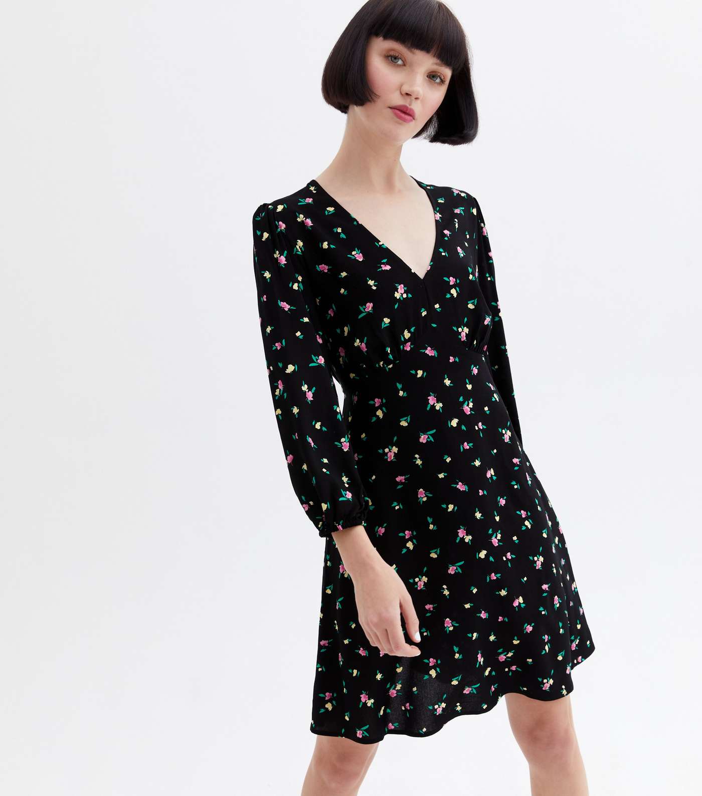 Black Ditsy Floral Ruched Mini Dress Image 2
