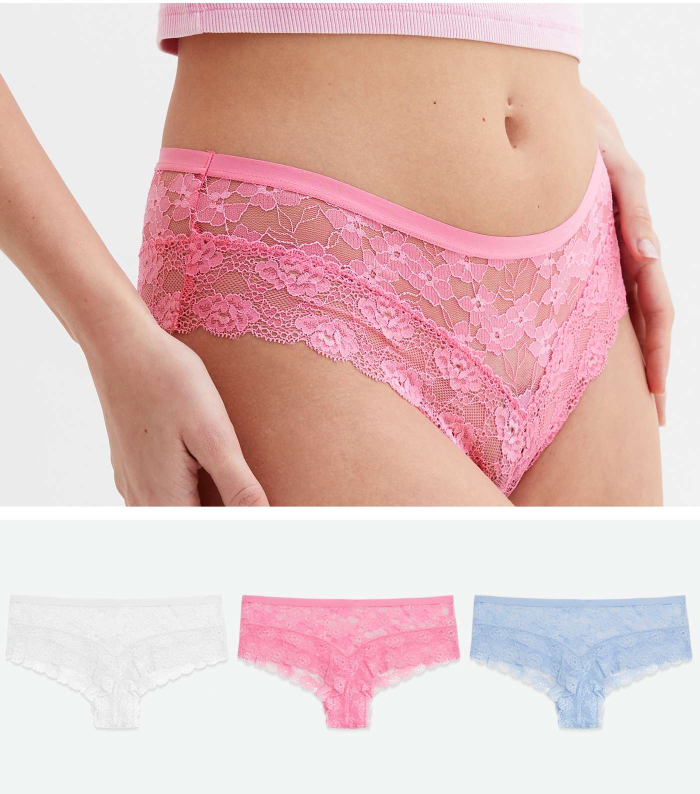3 Pack Pink White and Pale Blue Floral Lace Leg Brazilian Briefs