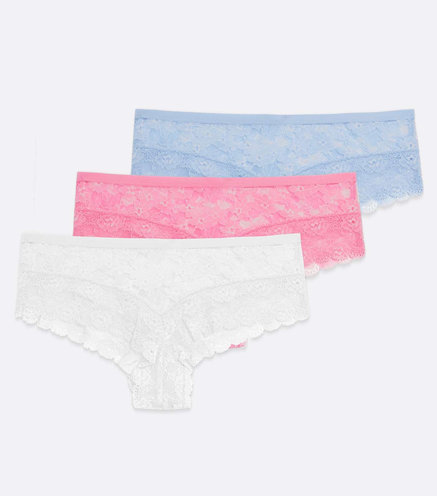 3 Pack Pink White and Pale Blue Floral Lace Leg Brazilian Briefs Image 5