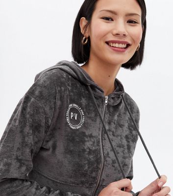 Click to view product details and reviews for Pink Vanilla Grey Velvet Logo Crop Zip Hoodie New Look.