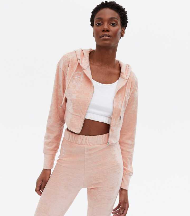 Pink Vanilla Pale Pink Velvet Logo Crop Zip Hoodie | New Look