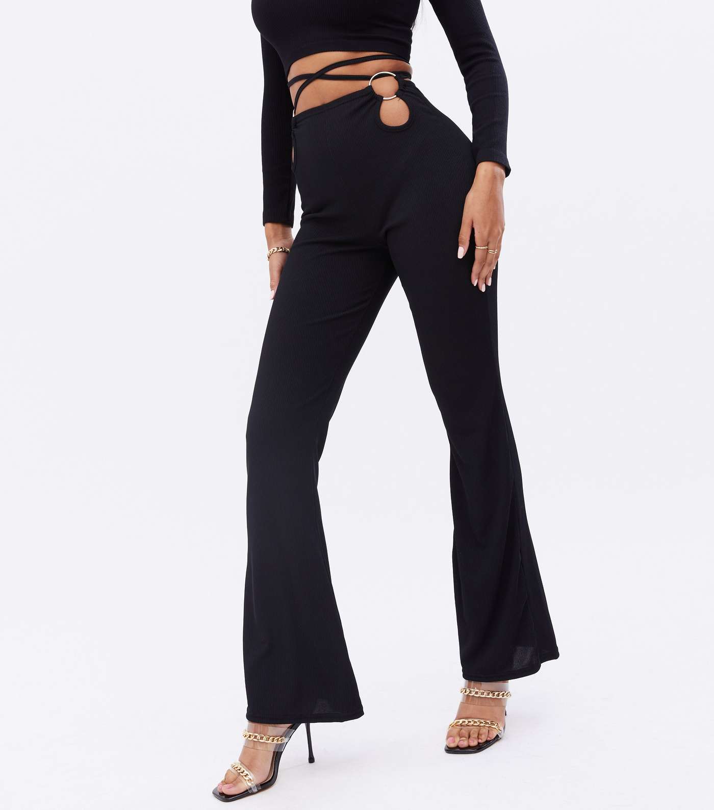 Pink Vanilla Black Ribbed Cut Out Ring Flared Trousers Image 2