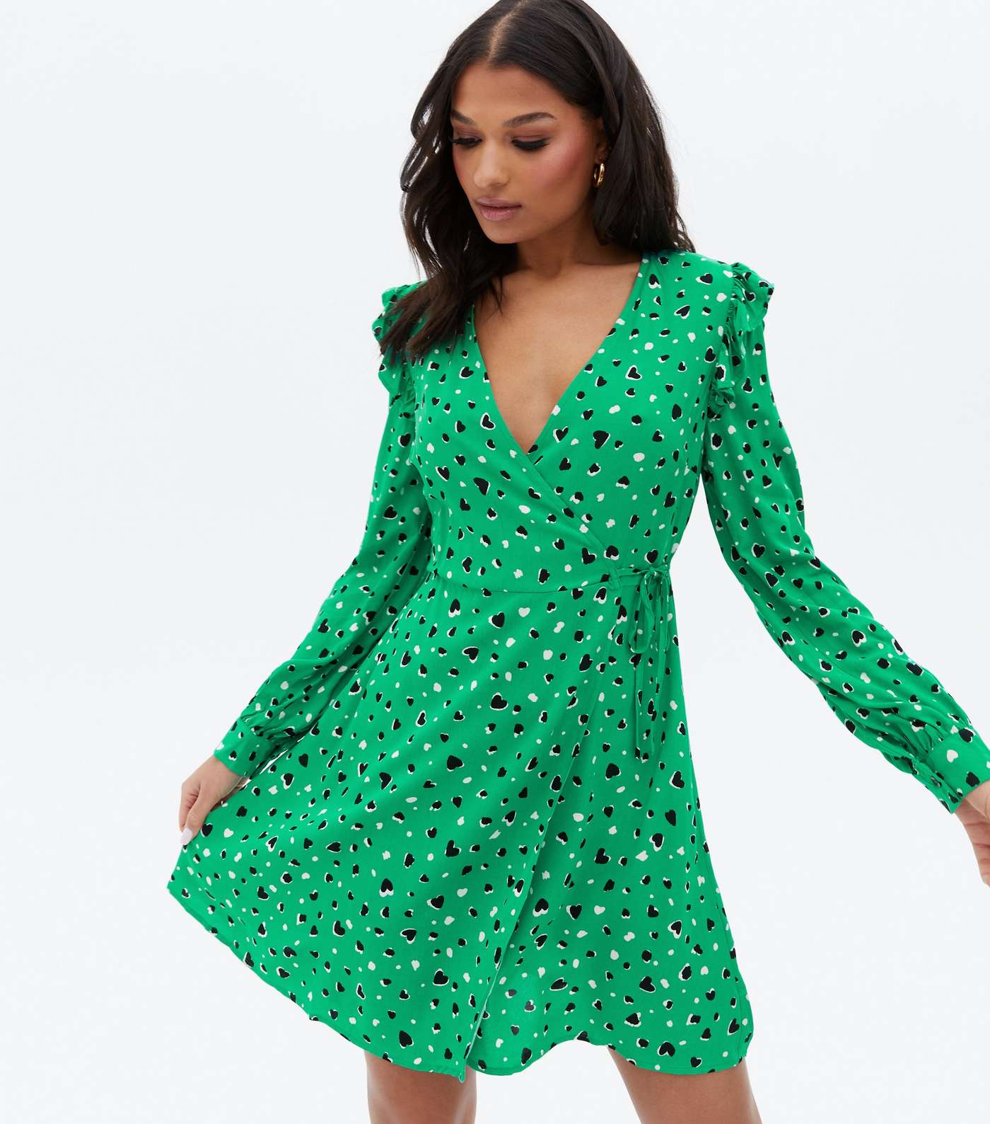 Green Heart Frill Mini Wrap Dress