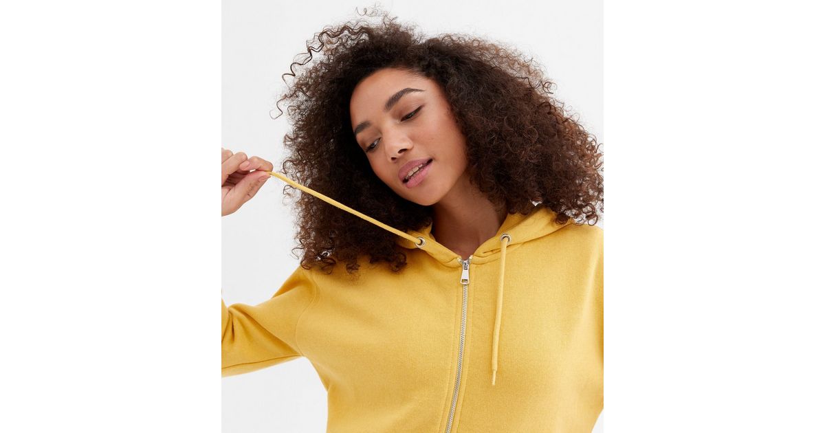 Mustard Jersey Crop Hoodie New Look
