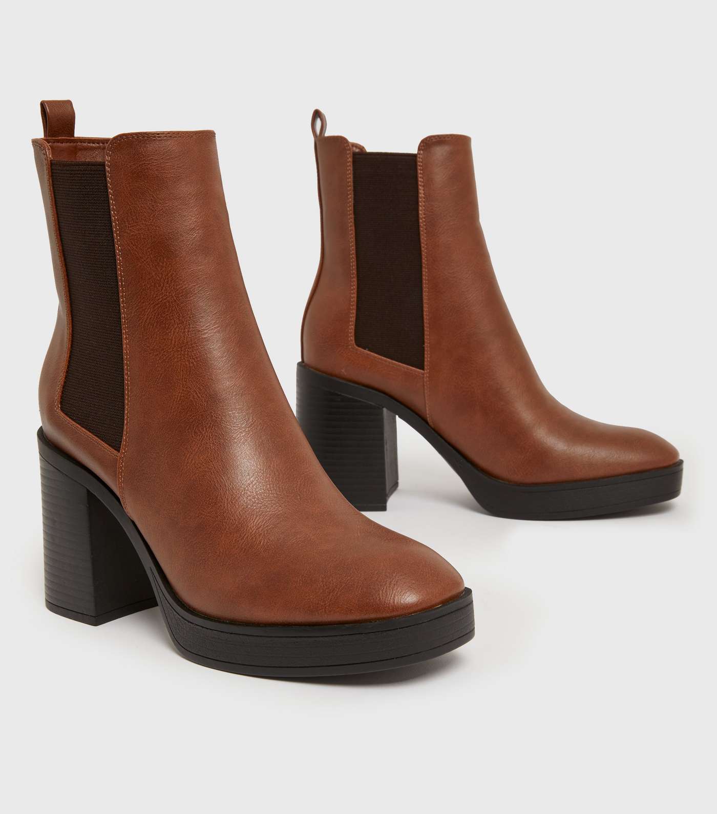 Tan Chunky Block Heel High Ankle Chelsea Boots Image 3