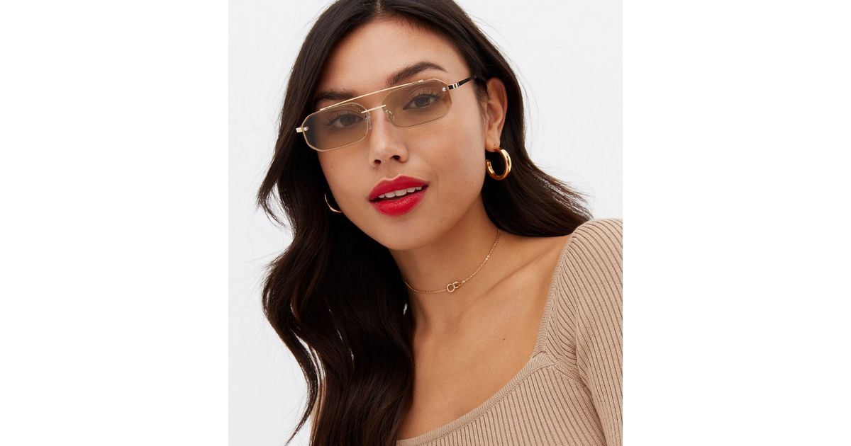 Gold Top Bar Rimless Rectangle Sunglasses New Look