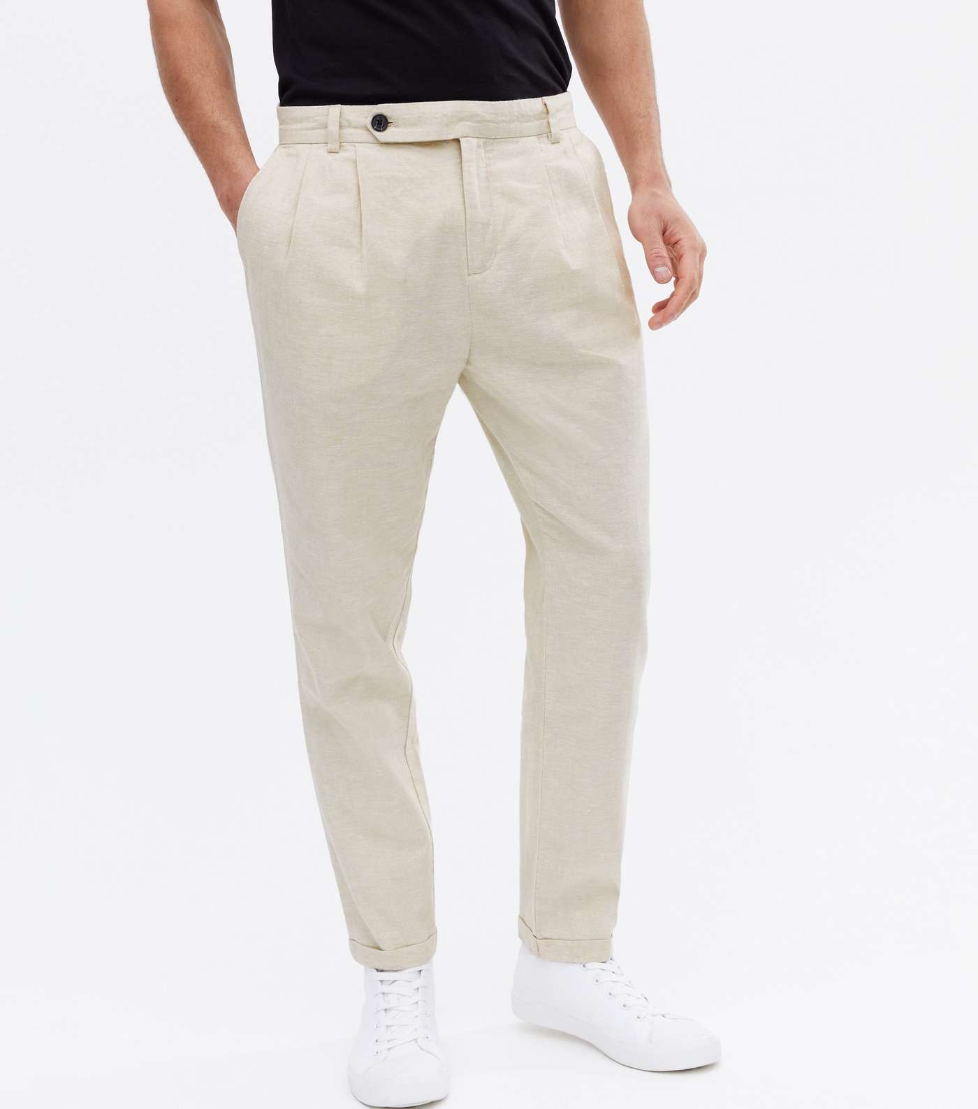 Cream Linen Blend Pleated Trousers Image 2