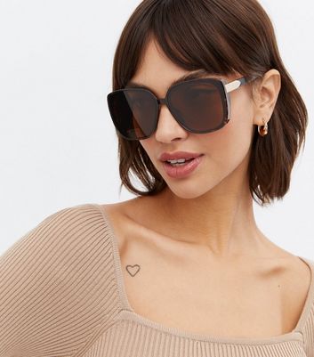 Damen Accessoires Brown Tortoiseshell Effect Rectangle Oversized Sunglasses
