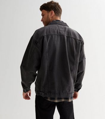 Black jean jacket ripped mens sale