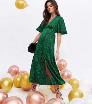 Green Zebra Print Satin V Neck Midi Dress