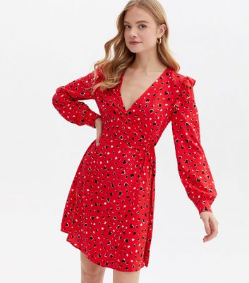 Red Heart Frill Mini Wrap Dress | New Look