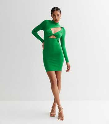 Green Twist Cut Out High Neck Mini Bodycon Dress