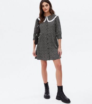 Black Spot Contrast Frill Collar Mini Dress