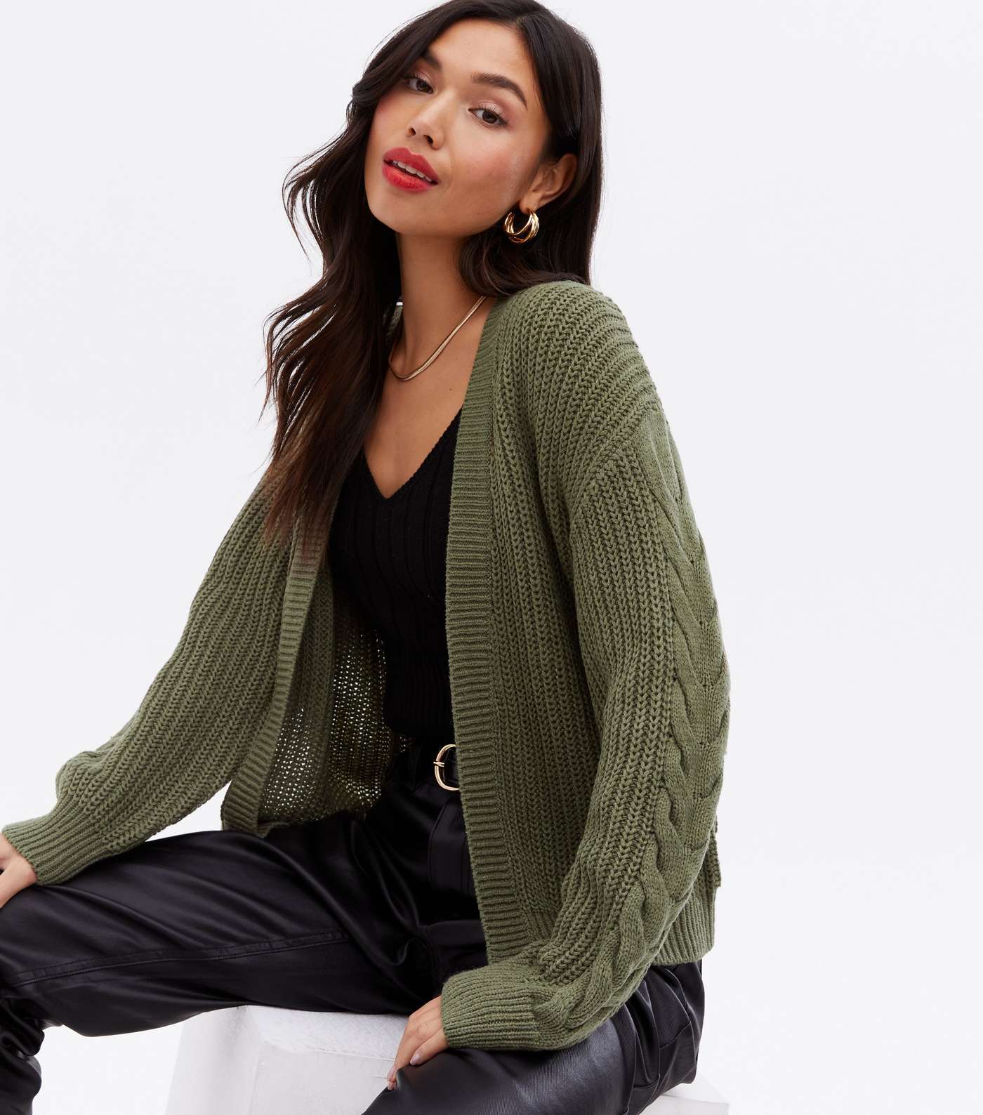 Olive Cable Knit Trim Cardigan