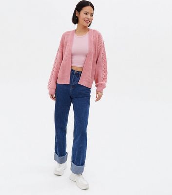 Pink Cable Knit Trim Cardigan New Look