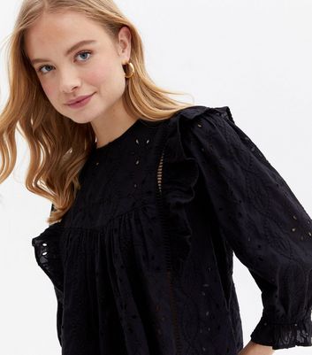 Black Broderie Frill Puff Sleeve Blouse New Look