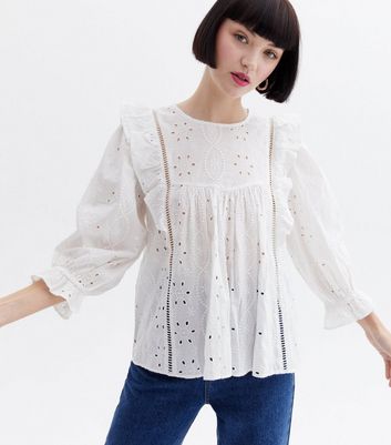 White Broderie Frill Puff Sleeve Blouse New Look