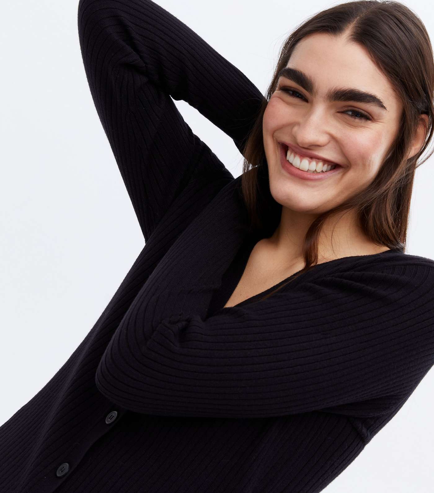 Black Ribbed Knit Button Cardigan Image 3