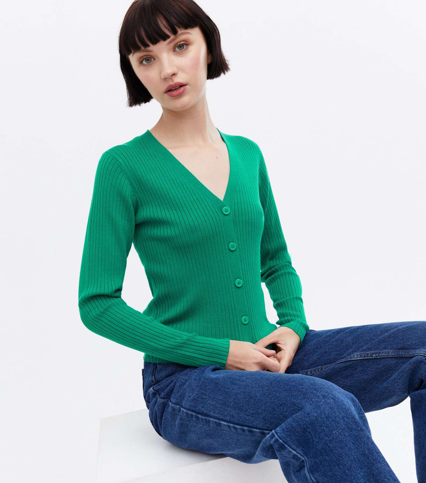 Green Ribbed Knit Button Cardigan