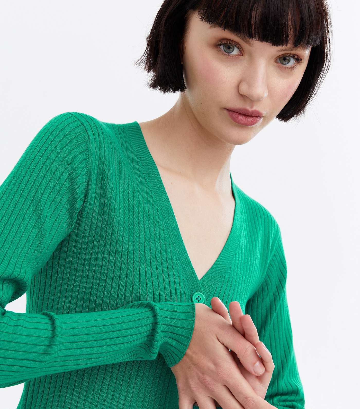 Green Ribbed Knit Button Cardigan Image 3