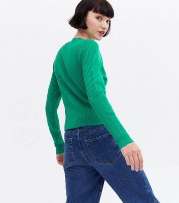 Green Ribbed Knit Button Cardigan New Look