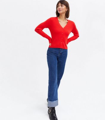 Red Ribbed Knit Button Cardigan New Look