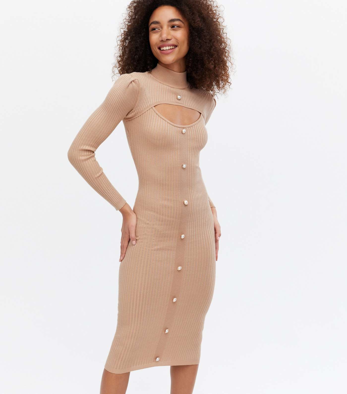 Cameo Rose Camel High Neck Cut Out Button Midi Dress