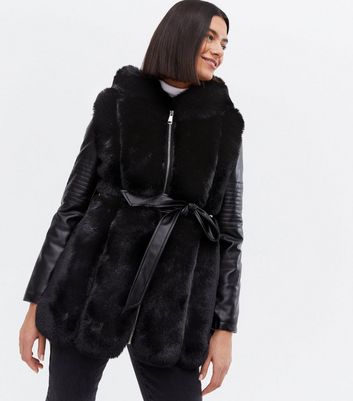 blue vanilla black faux fur belted puffer jacket