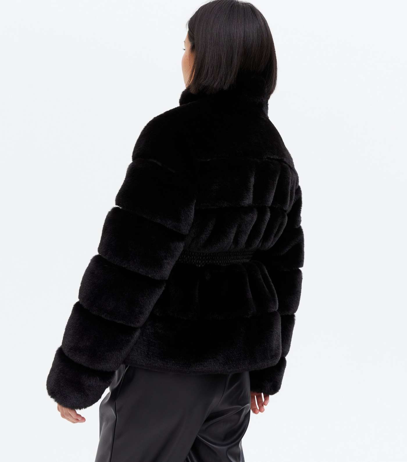 Cameo Rose Black Faux Fur Shirred Waist Coat Image 4