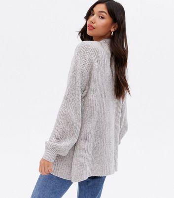 Pale Grey Knit Puff Sleeve Cardigan 