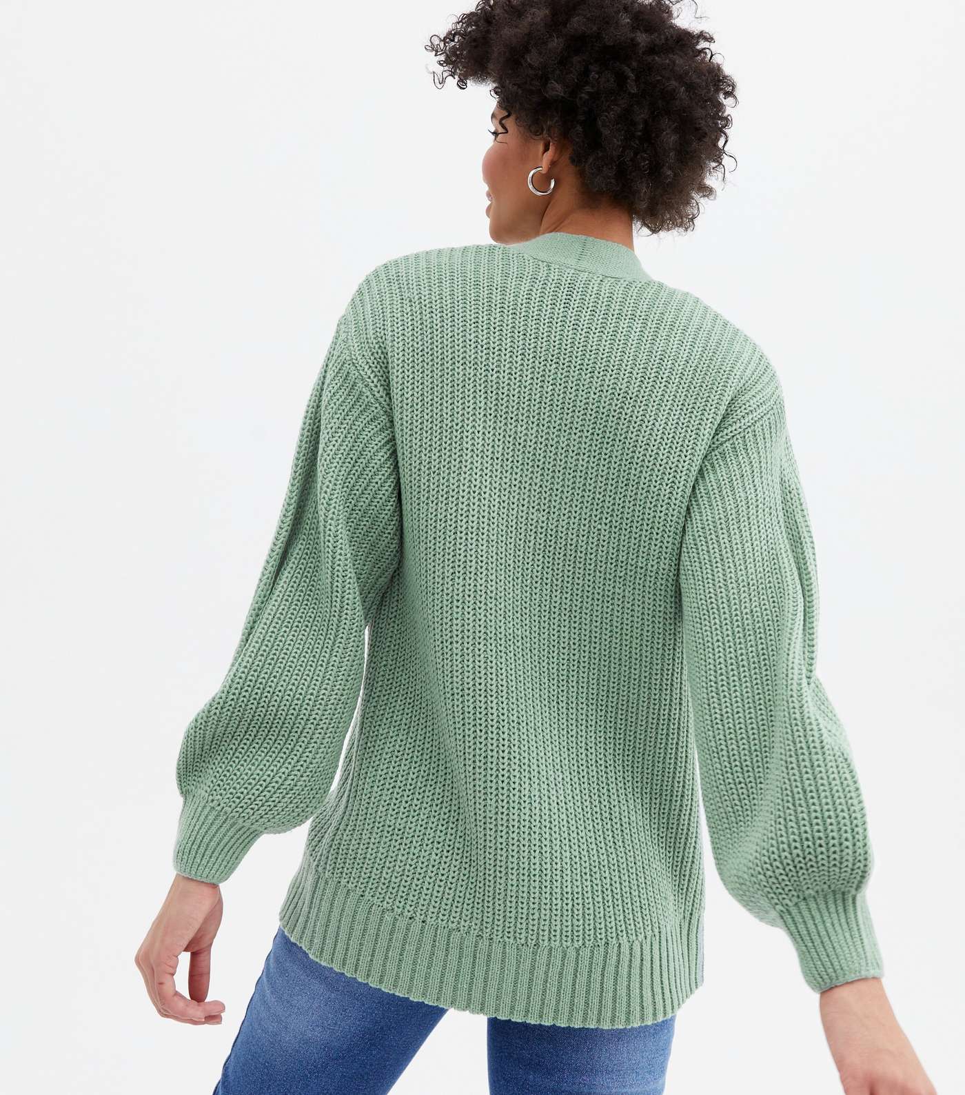 Light Green Knit Puff Sleeve Cardigan Image 4