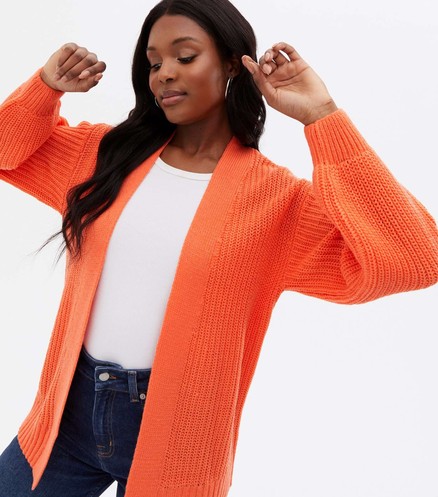 Bright Orange Knit Puff Sleeve Cardigan