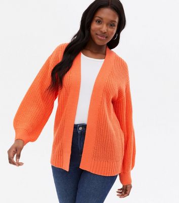 Bright Orange Knit Puff Sleeve Cardigan New Look